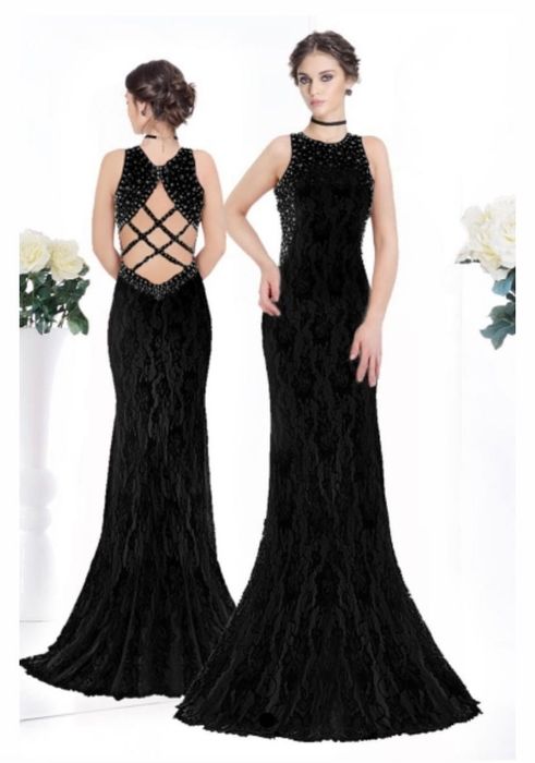 Дълга черна рокля с гол гръб от дантела бална рокля