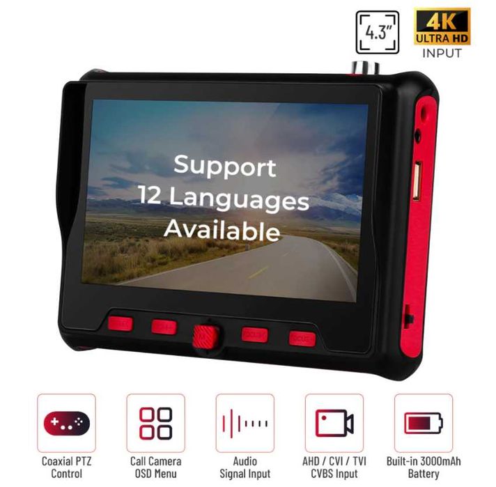 CCTV Тестер Камера Тест Монитор Видеонаблюдение Монтаж Камери 6-в-1 4.3" 4K ULTRAHD PAL/NTSC DC12V/USB/5V RS485 PTZ UTP 8MPx TVI/AHD/CVI/CVBS UTC OSD