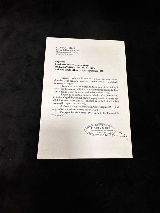 Scrisoare autografă semnată de Octavian Goga adresată lui Petru Groza