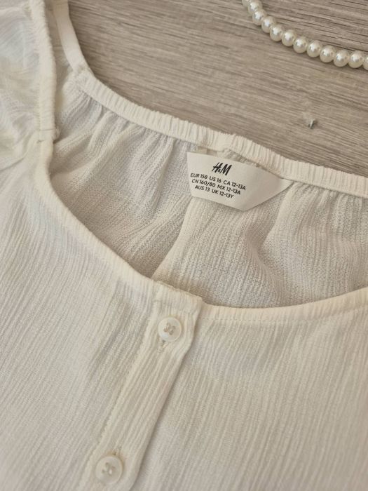 Лятна бяла рокля за момиче H&M с буфан ръкави, размер 158 (12-13 г.), вискоза