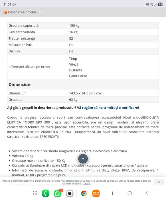 Vând bicicleta eliptica TOORX  ERX300