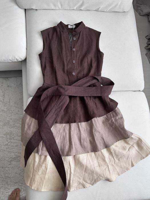 Платье коричневое с воланами лен