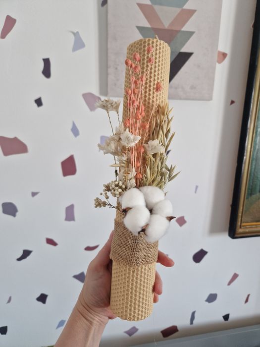 Lumanari ceara albine, parafina, ceara soia, flori uscate botez nunta