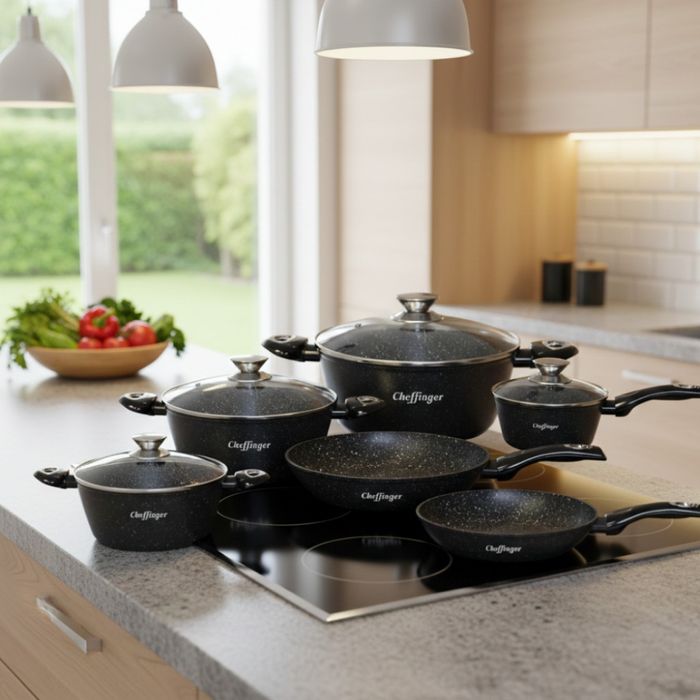 Комплект съдове за готвене Cheffinger от лят алуминий с мраморно покри