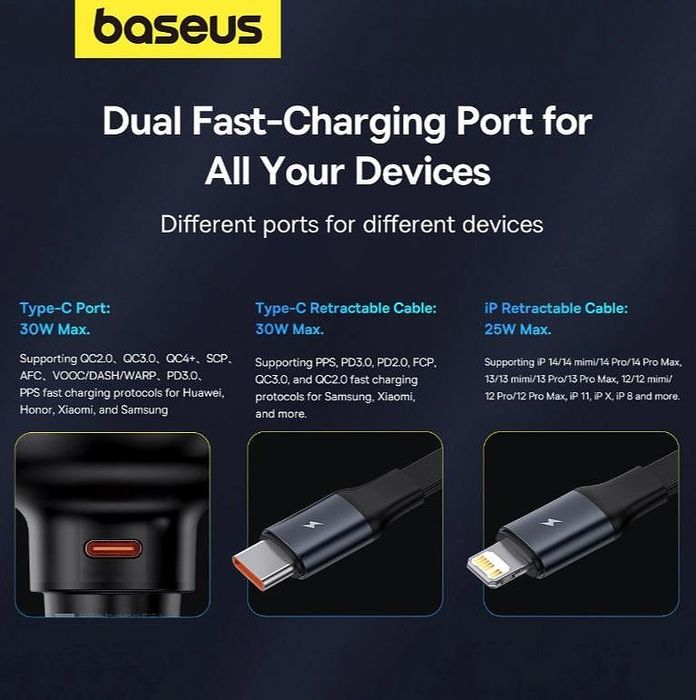 Зарядно устройство за кола baseus enjoyment usb-c с usb-c / lightning