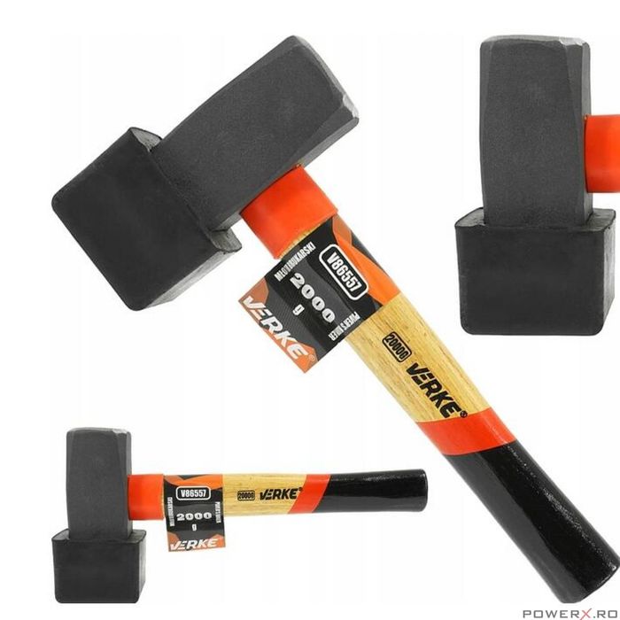 Ciocan din cauciuc cu cap dreptunghiular, 2000 g negru, maner din