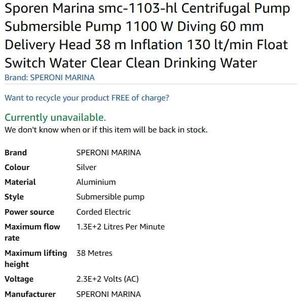 Потопяема помпа Speroni 1100W.