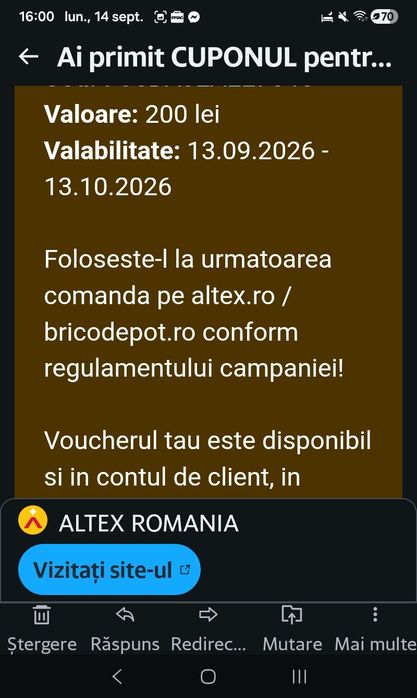 Vand Cupon 200 lei  Altex , valabil pentru produse ASUS participante din Anexa 1 (monitoare, placi de baza, carcase, routere, laptopuri TUF, etc).