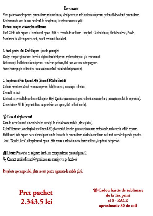 Imprimantă Epson L805+ Presă Căni Craft Express pentru sublimare, dar si materiale gata de sublimare