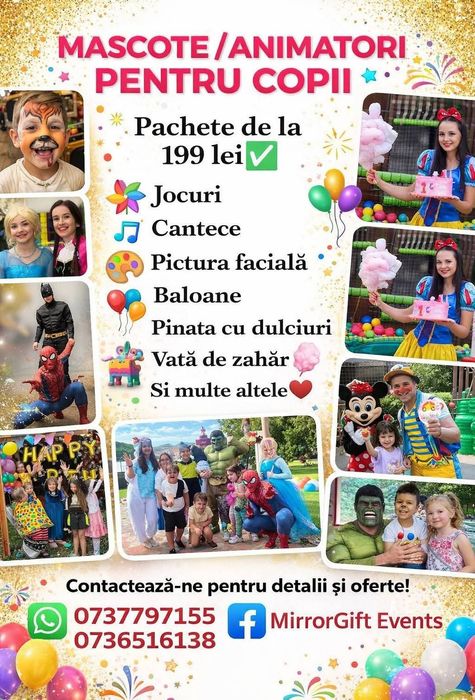 Animatori petrecere copii - Mascote - Personaje - spiderman elsa Mickey - vata de zahar,popcorn, baloane, jocuri, distracție garantara