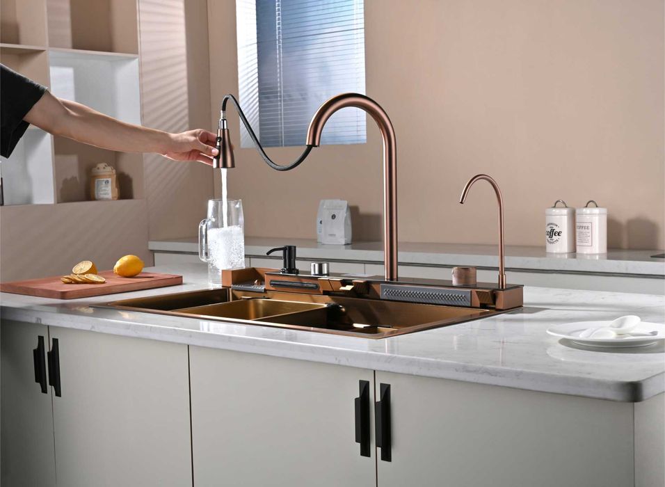 Розово злато - Мултифункционална кухненска мивка с двоен водопад