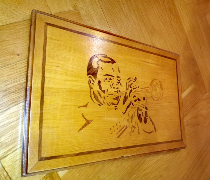 Антикварна картина дървена интарзия на Луис Армстронг ръчна изработка
