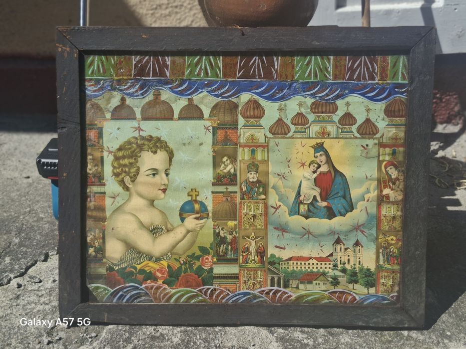 Tablou religios / Icoană veche sub sticlă (Cromolitografie de epocă, cca. 1900). Dimensiuni: L 70 cm, L 58 cm