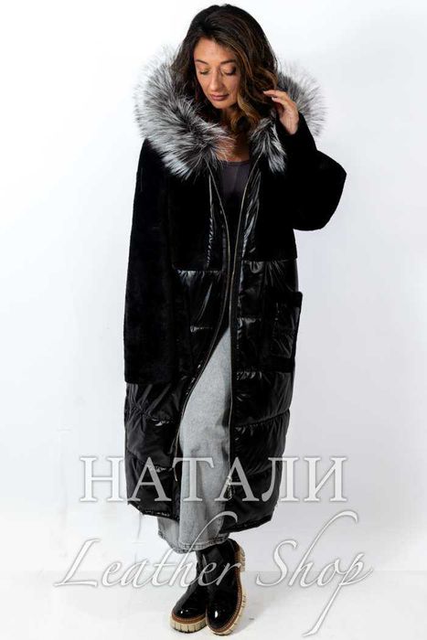 Дамски ексклузивен дълъг кожух тип Парка със сребърна Лисица