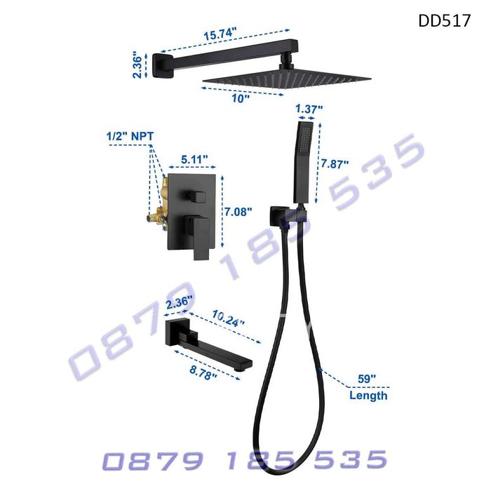 Луксозен душ вграждане стенен смесител цвят черен пита слушалка баня