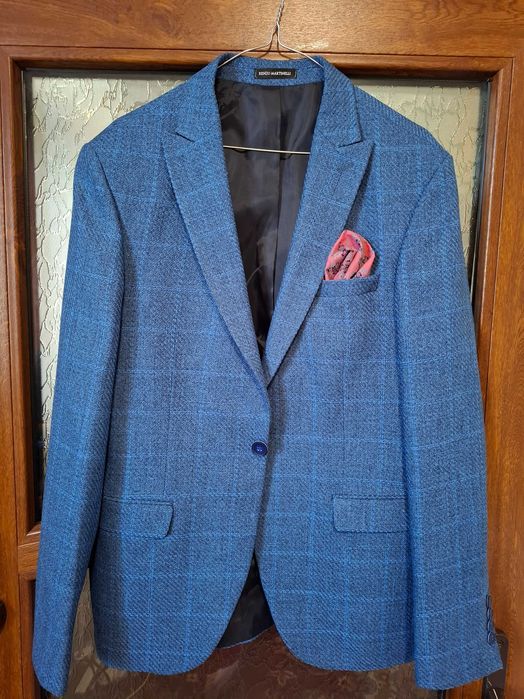 Costum bărbătesc Renzo Martinelli, albastru texturat, cu pantaloni și cravată, mărimea S