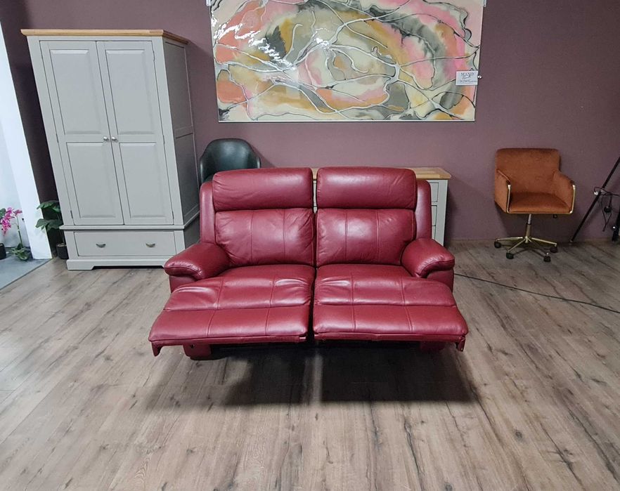 Червен кожен диван двойка с електрически релаксиращ механизъм