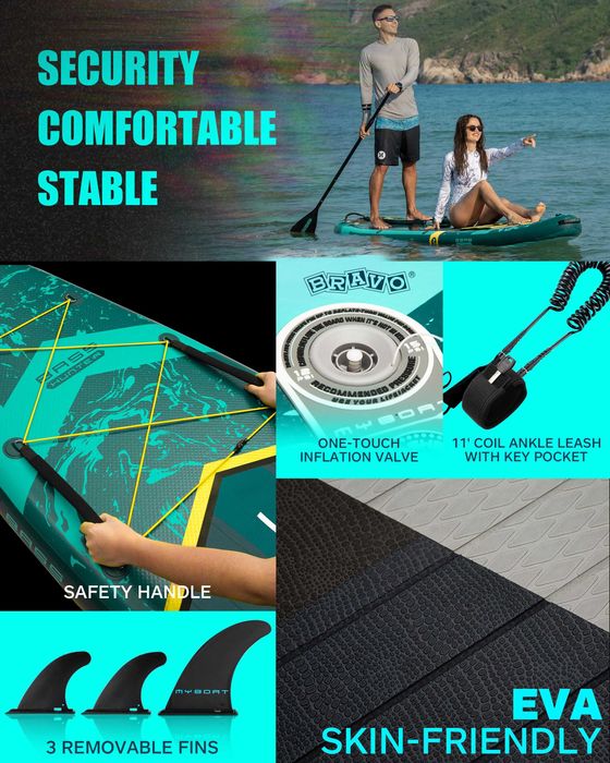 Нов, висок клас, широк 350 СМ надуваем падъл борд all-round SUP MYBOAT MY15 (Bass Hunter Green STD) в тюркоазено-зелен дизайн.