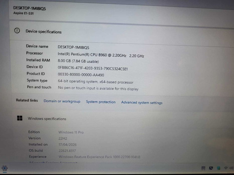 Acer Aspire E1-531 15.6" CPU Intel Pentium B960 2.2GHz 8Gb Dual DDR3 SSD 256Gb SATA