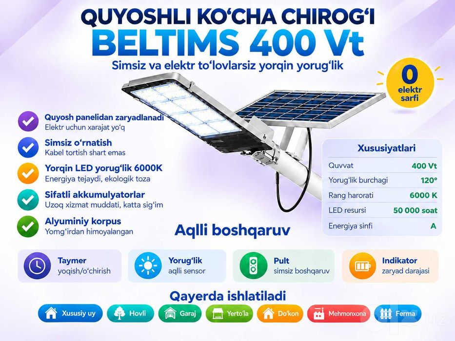 BELTIMS 400W (BELTOMS) LED Прожектор солнечный Қуёш чироғи