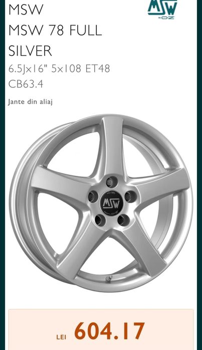 Jante dedicate Ford, MSW 78 FULL SILVER, 16x6.5j, 5x108, ET47.5, CB63.