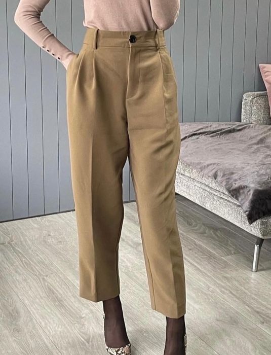 Pantaloni bej maro wide leg baloon cu pliuri în talie mărimea S Zara