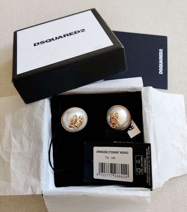 Dsquared2 обемни обеци на клипс златисти метал перли лого кръгли кутия