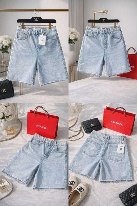 дънки шанел светли сини бели къси панталони деним chanel дънкови нови