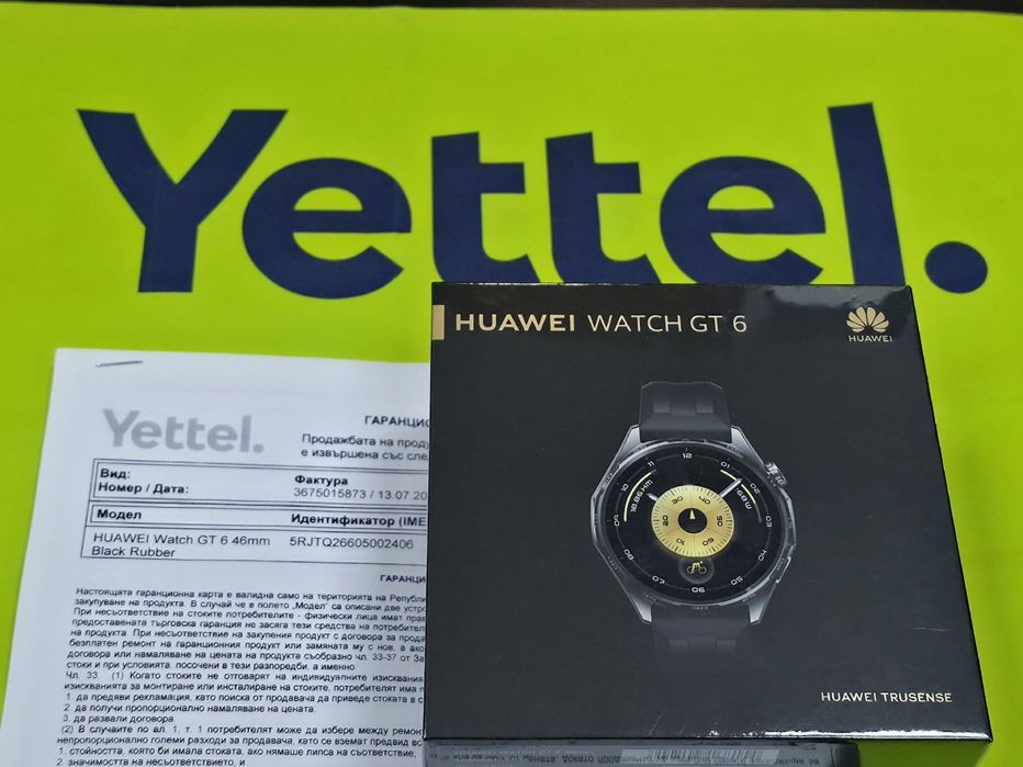 ЗАПЕЧАТАН 46mm Huawei watch GT 6 / GT6 Гаранция Yettel 3г. 2029 Black