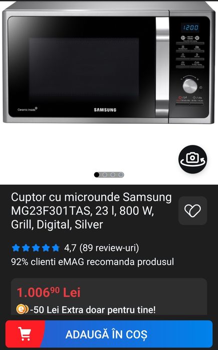 Cuptor cu microunde Samsung MG23F301TAS, 23 l, 800 W, Grill, Digital,