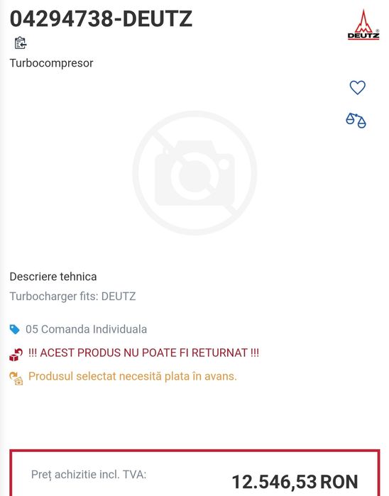Turbina pentru motor volvo sau deutz 7.5 litri