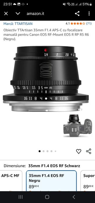 Obiectiv TTArtisan 35mm F1.4 APS-C cu focalizare manuală pentru Canon