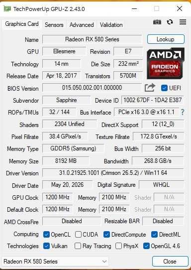 Placa video Sapphire RX 580 8GB
