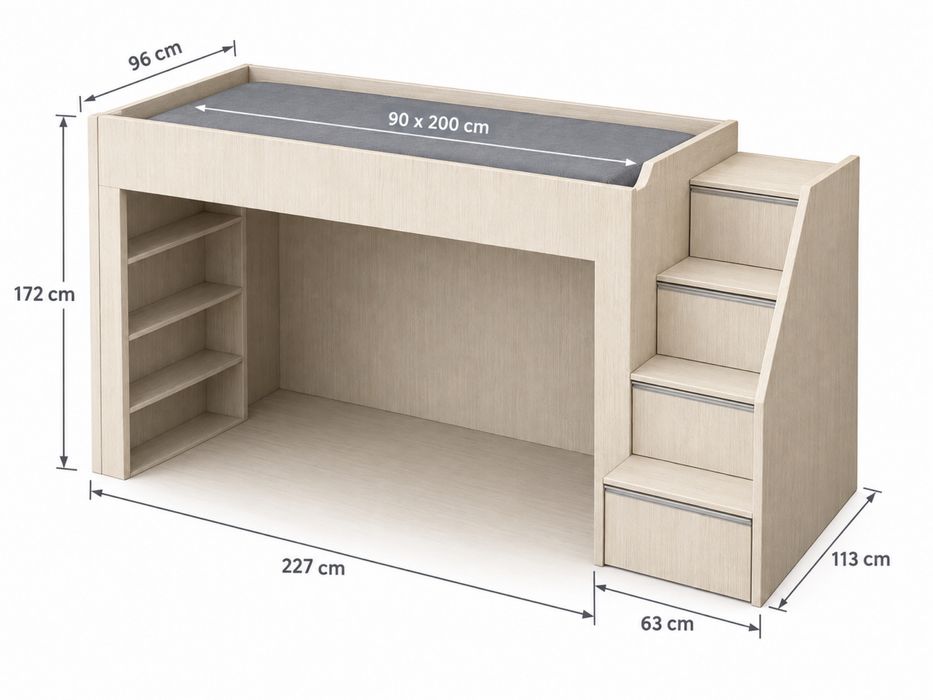 Pat supraetajat 90x200 cu scări-dulap, sertare, rafturi și ladă depozitare