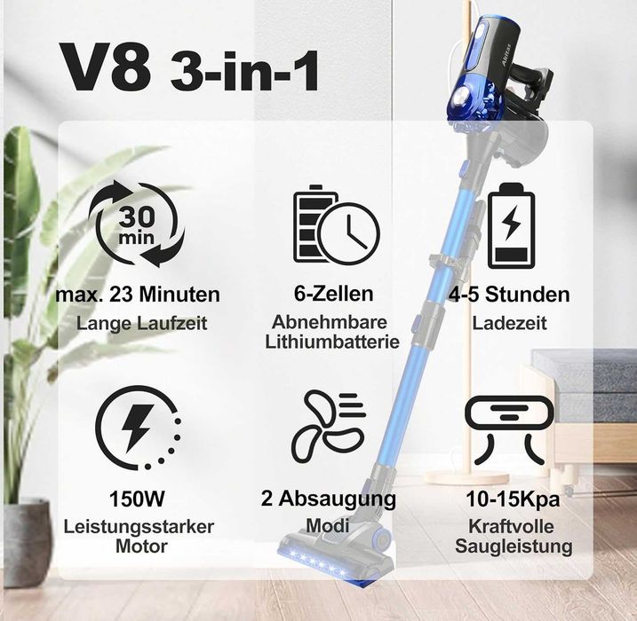 Безжична прахосмукачка Akita V8 3 в 1, ръчна и вертикална, лека, 150 W