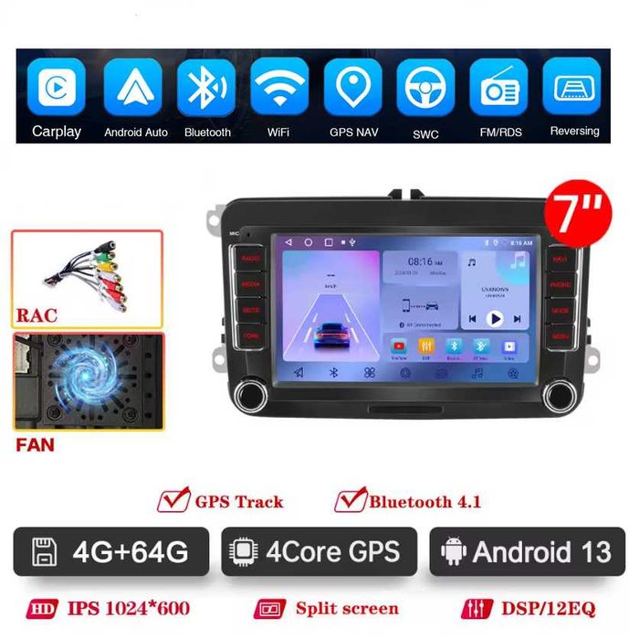 Navigatie Android 4GB RAM+ 64GB VW GOLF 5 6 PASSAT B6 B7 CC SEAT SKODA