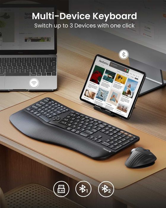 Tastatură ergonomică Bluetooth cu iluminare din spate ProtoArc,EK01 Plus,wireless USB dual,suport încheietura mâinii,reîncărcabilă,Windows/Mac/Android
