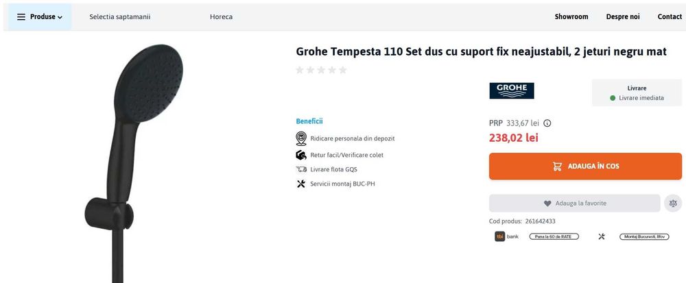 Set dus Grohe Tempesta 110 cu suport fix neajustabil, 2 jeturi negru