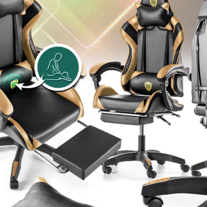 Черен геймърски стол с златисти акценти и разтегляема поставка за крак