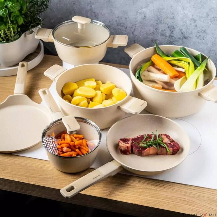 Set 4 oale si 2 tigai cu strat antiaderent, bej, 12 piese, capac