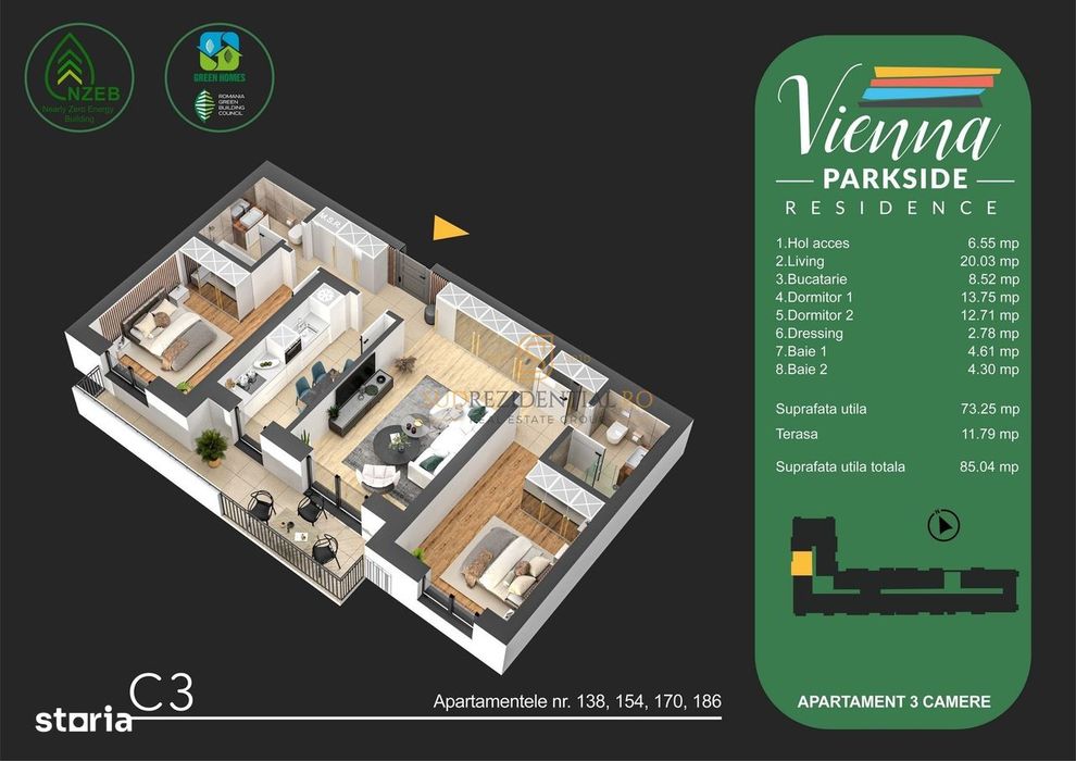 Nou! Apartament decomandat cu 3 camere, terasa 12 mp, Bd Metalurgiei