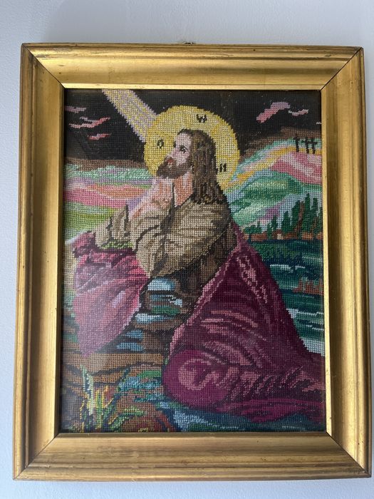 Goblen religios cusut manual, Isus in rugaciune, rama veche aurita