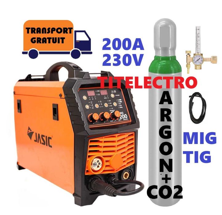 Aparat sudura cu sarma MIG 200 Premium JASIC + tub 8L argon CO2 + ceas