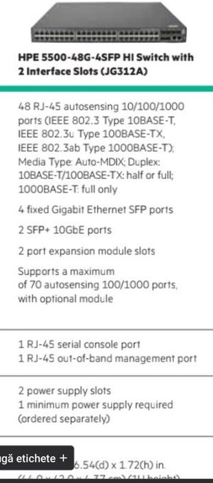 Switch Hp 5700 jg894a A5500-HI 48xGigabit 2sfp+ (2x10GbE) 224Gbps 166G