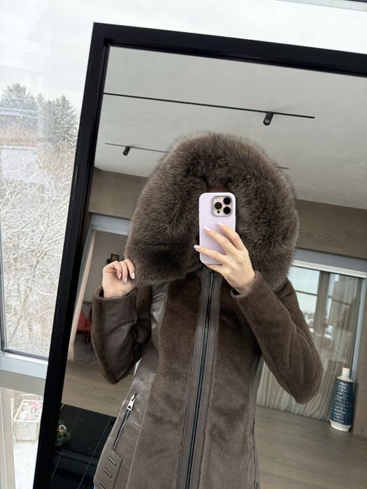 Ново палто естествен косъм лисица кафяво яке естествена кожа качулка