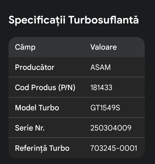 Turbină GT1549S cod referință 703245 RENAULT/OPEL/NISSAN 2,2 DCI/DTI