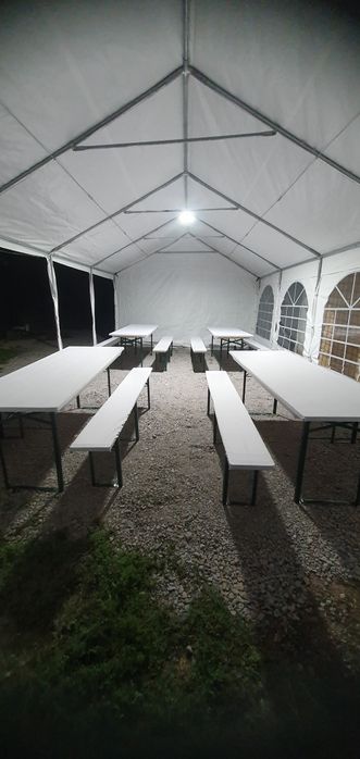 Cort evenimente 4x8, vitrina frig,dozator bere si prosecco,mese,banci