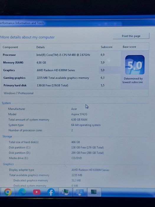Laptop Acer i5 480M 2,67Ghz, 4GB, 500GB, Video HD 6370M 512mb, Windows 7 Office 2010