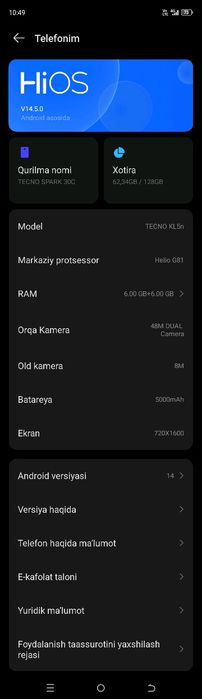 Tecno Spark 30c 6+6/128 talik 5 oy böldi olinganiga  aybi yoq 
5 oy bö