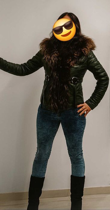 Зелено яке, естествена кожа, орнаменти от лисица